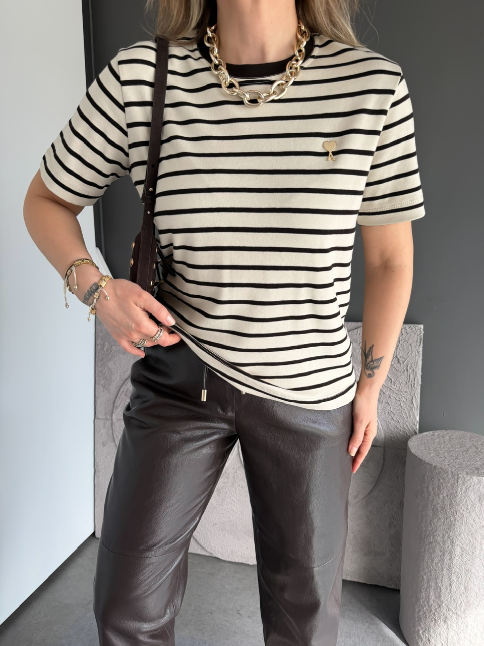 Krem Çizgili Cotton Ami Tshirt