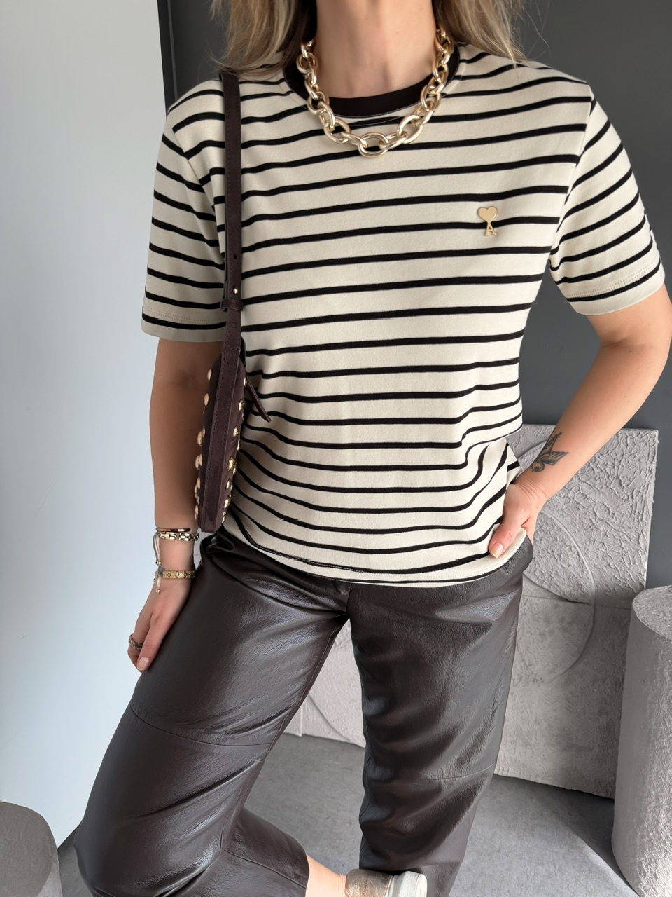 Krem Çizgili Cotton Ami Tshirt