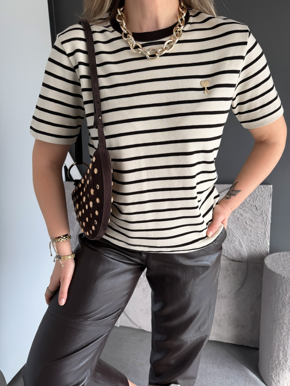 Krem Çizgili Cotton Ami Tshirt