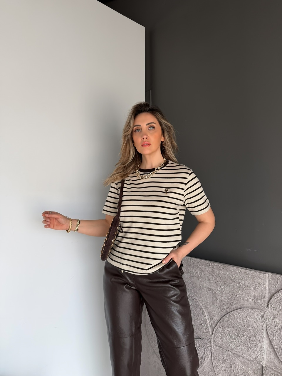 Krem Çizgili Cotton Ami Tshirt