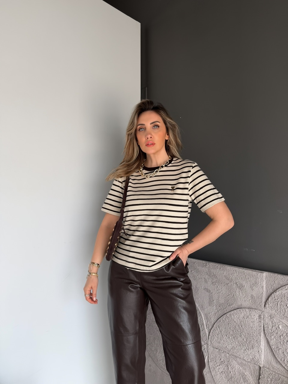 Krem Çizgili Cotton Ami Tshirt