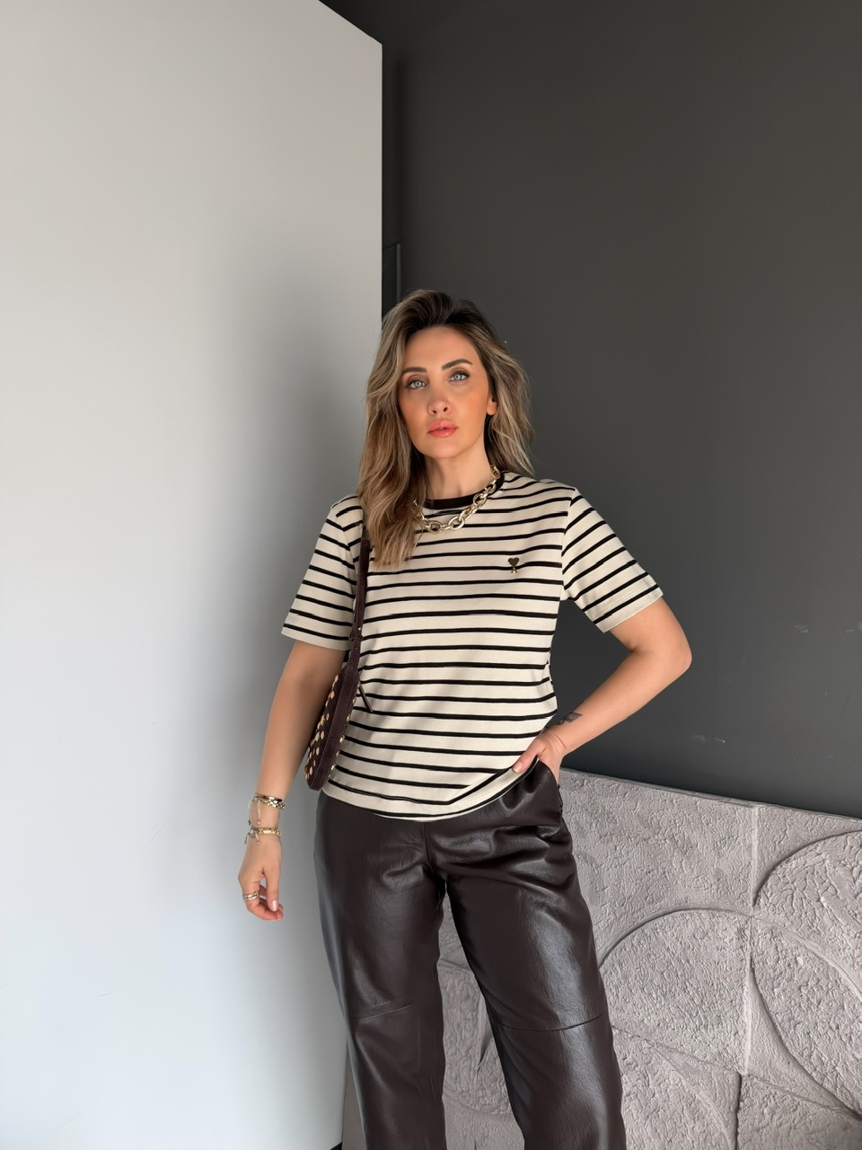 Krem Çizgili Cotton Ami Tshirt