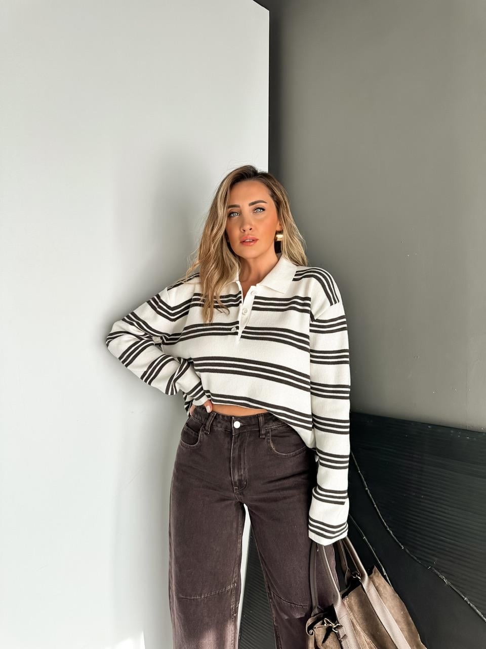 Krem Çizgili Marka Model Kazak