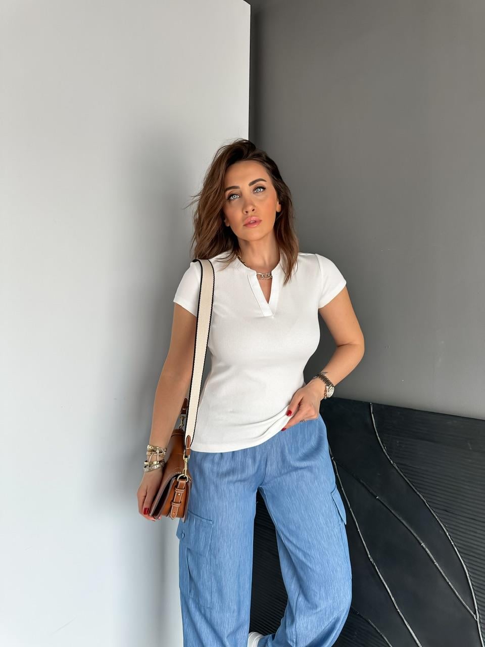 Krem Damla Yaka Cotton Tshirt