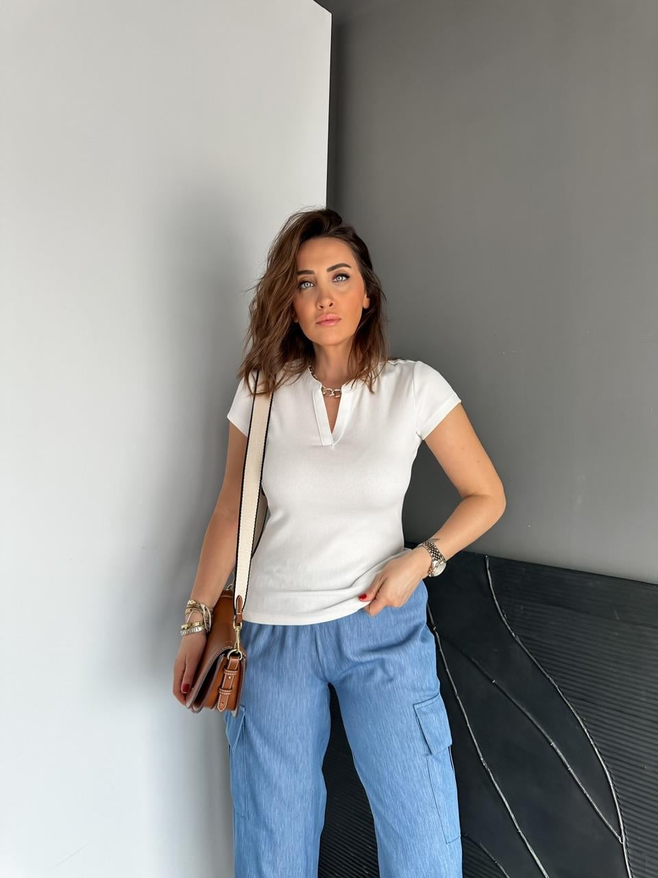 Krem Damla Yaka Cotton Tshirt