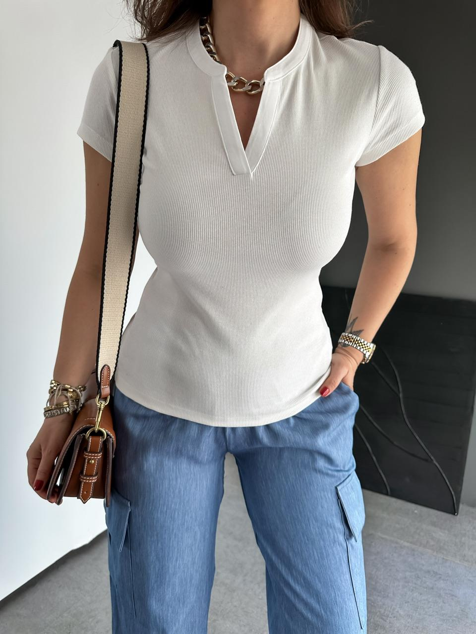 Krem Damla Yaka Cotton Tshirt