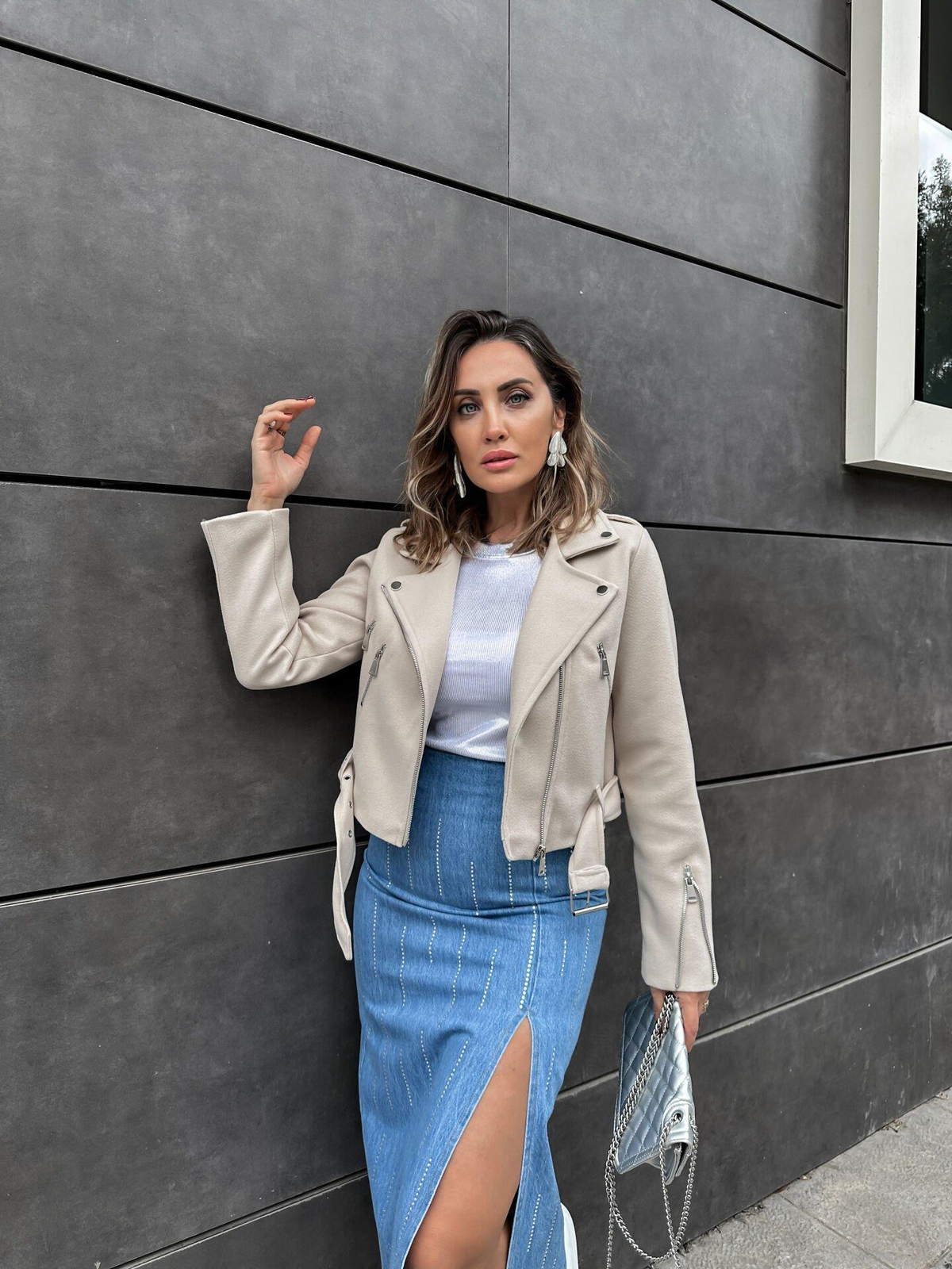 Krem Fermuarlı Crop Kaşe Ceket
