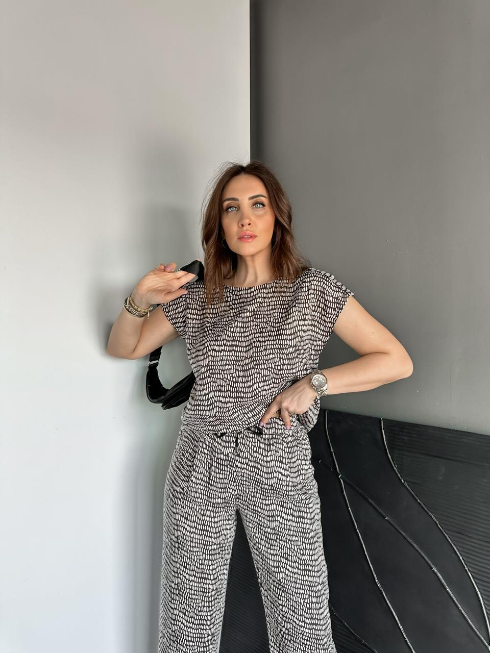 Krem Geometrik Desenli Cotton Takım