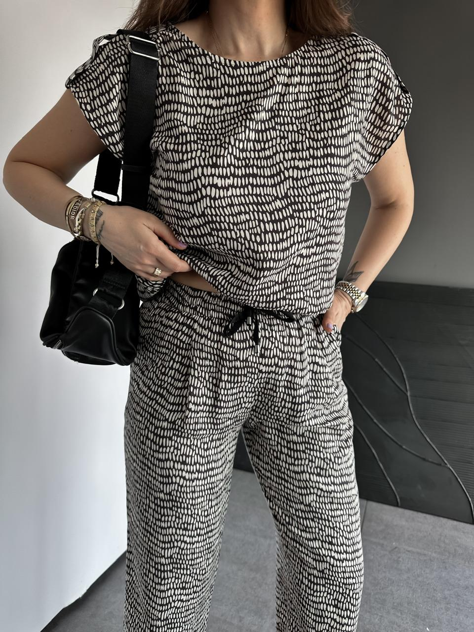 Krem Geometrik Desenli Cotton Takım