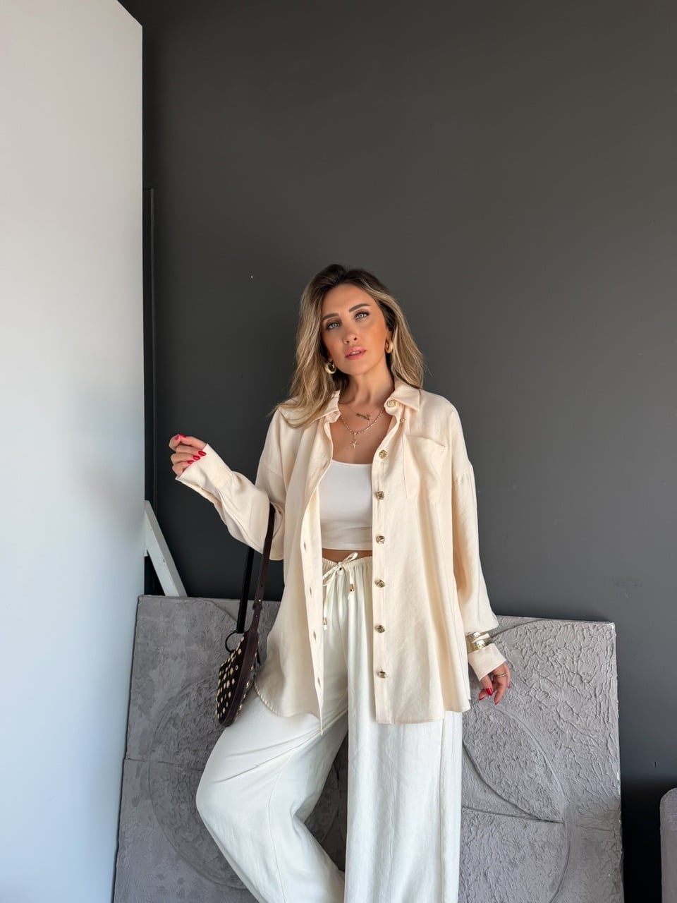 krem Gold Düğmeli Şalvarlı Takım