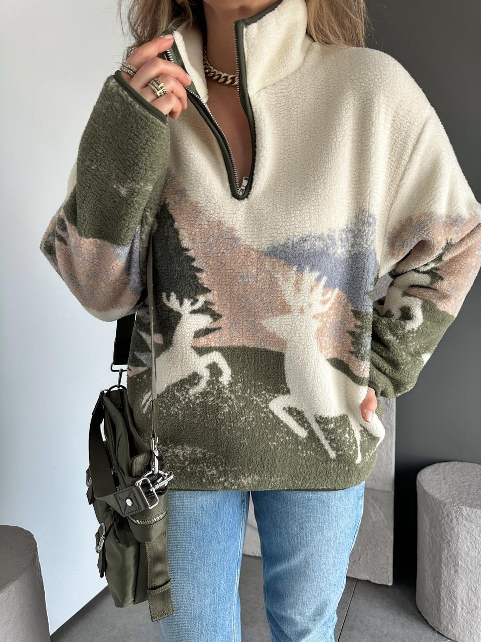 Krem Kahve Geyikli Polar Sweatshirt