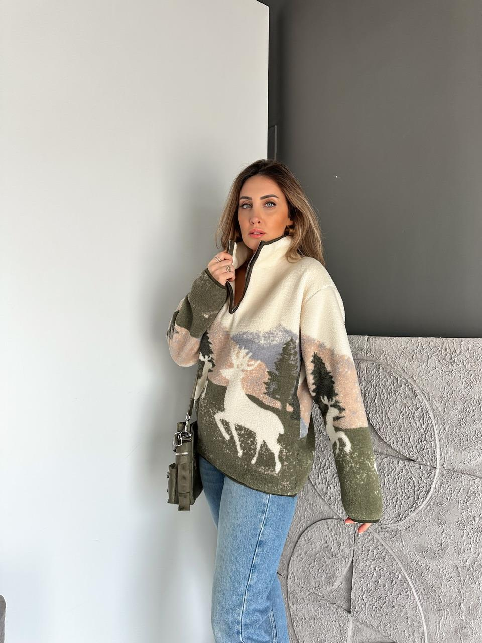 Krem Kahve Geyikli Polar Sweatshirt