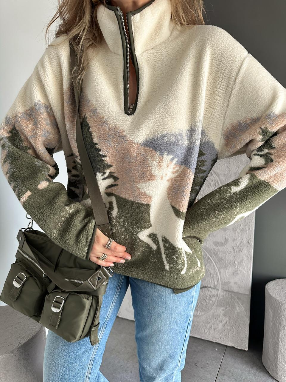 Krem Kahve Geyikli Polar Sweatshirt