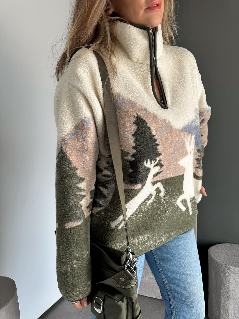 Krem Kahve Geyikli Polar Sweatshirt