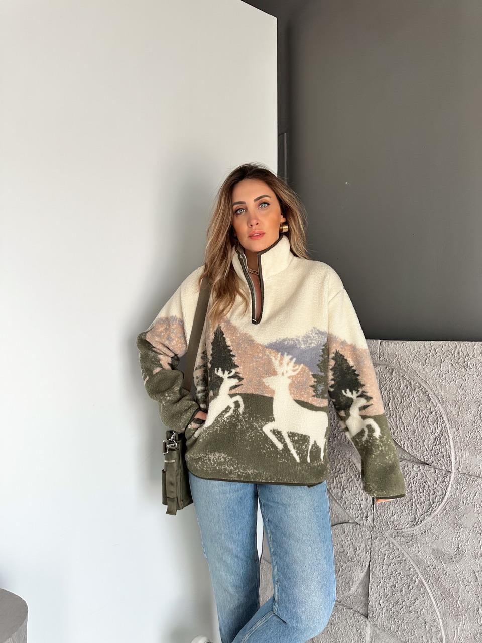 Krem Kahve Geyikli Polar Sweatshirt