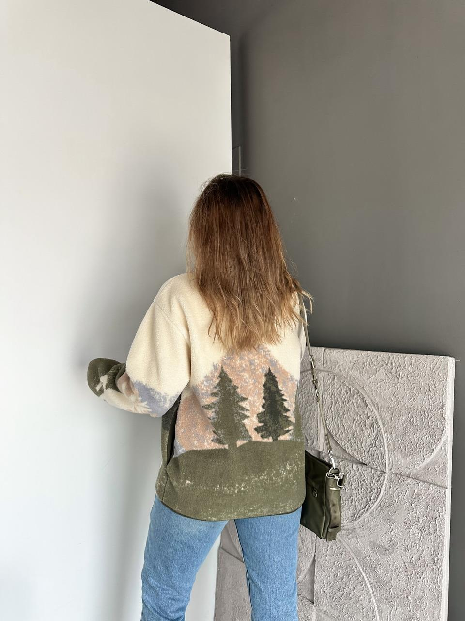 Krem Kahve Geyikli Polar Sweatshirt