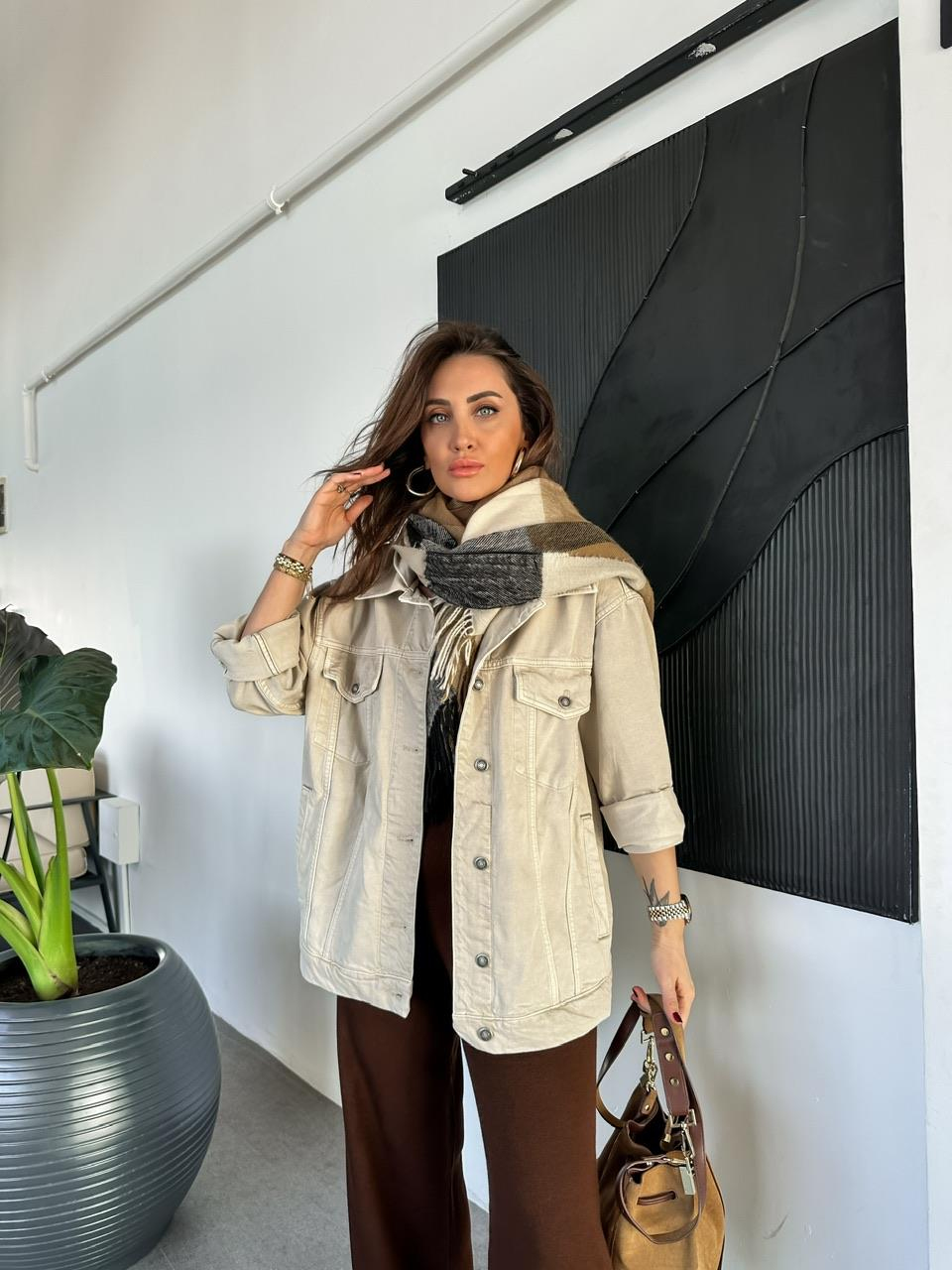 Krem Kapşonlu Oversize Kot Ceket