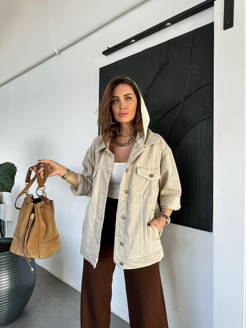 Krem Kapşonlu Oversize Kot Ceket
