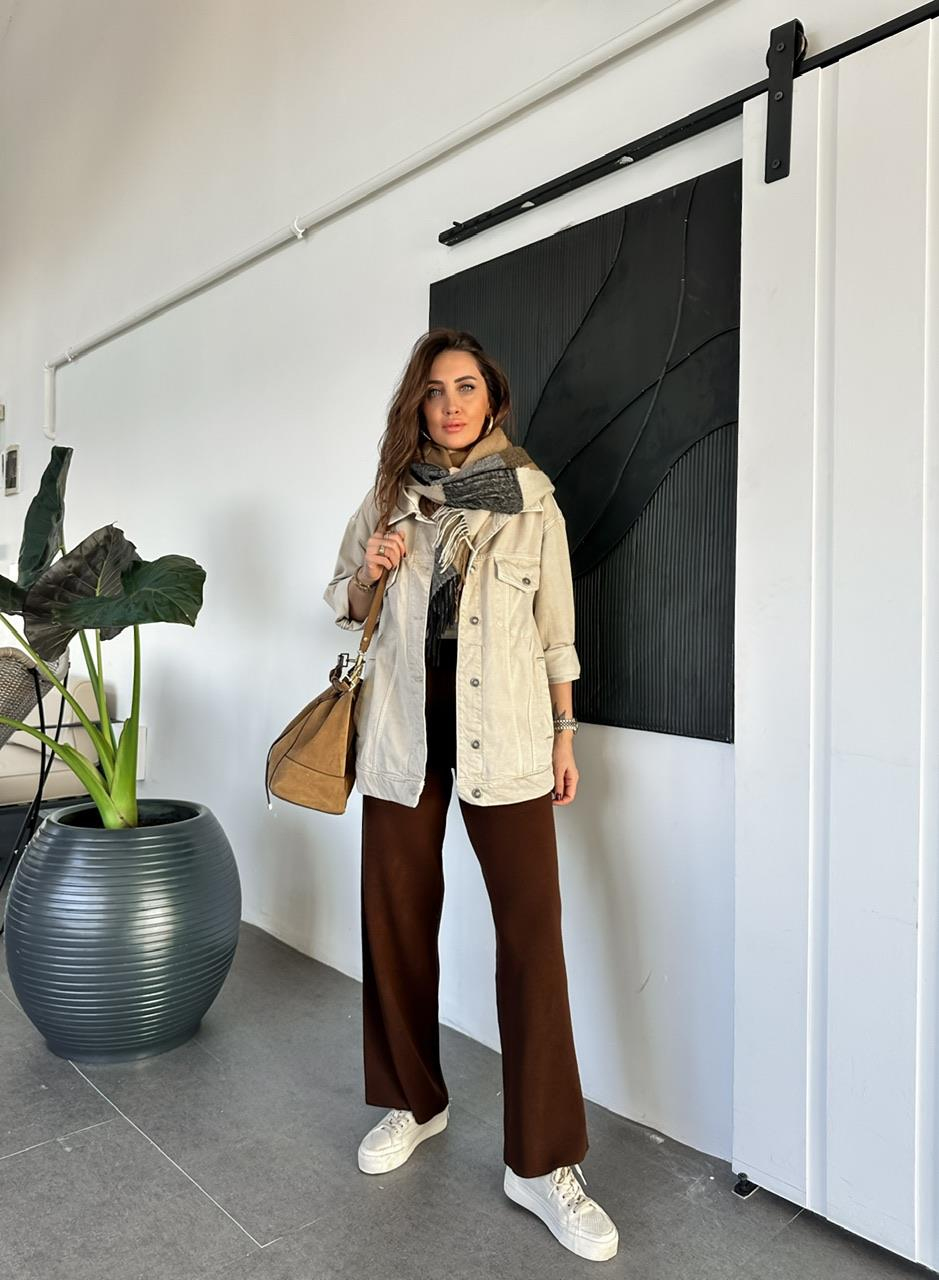 Krem Kapşonlu Oversize Kot Ceket