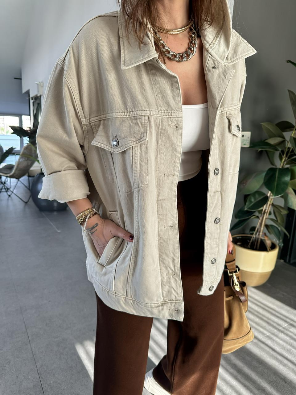 Krem Kapşonlu Oversize Kot Ceket