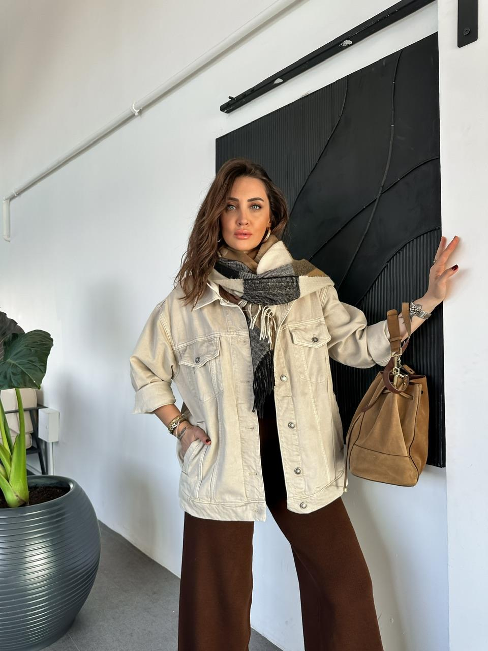 Krem Kapşonlu Oversize Kot Ceket