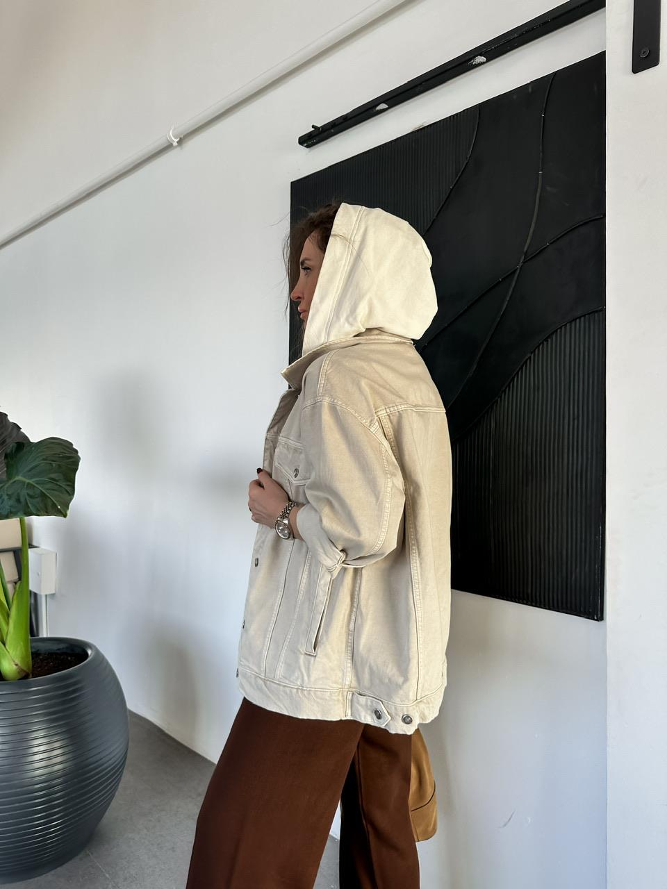 Krem Kapşonlu Oversize Kot Ceket