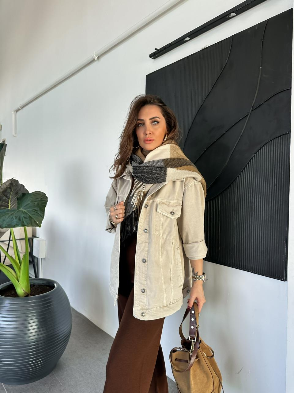 Krem Kapşonlu Oversize Kot Ceket