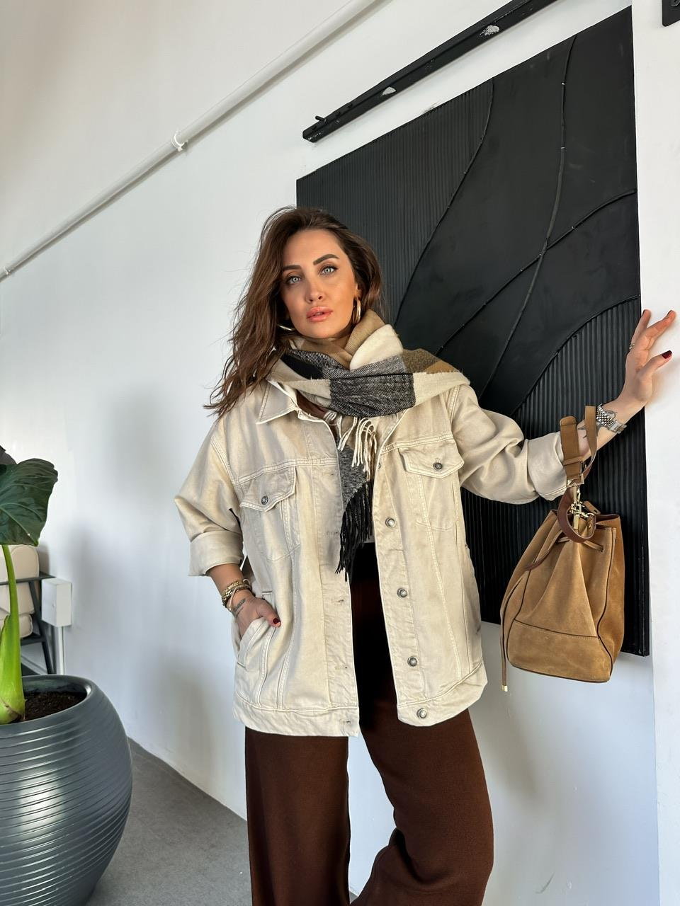 Krem Kapşonlu Oversize Kot Ceket