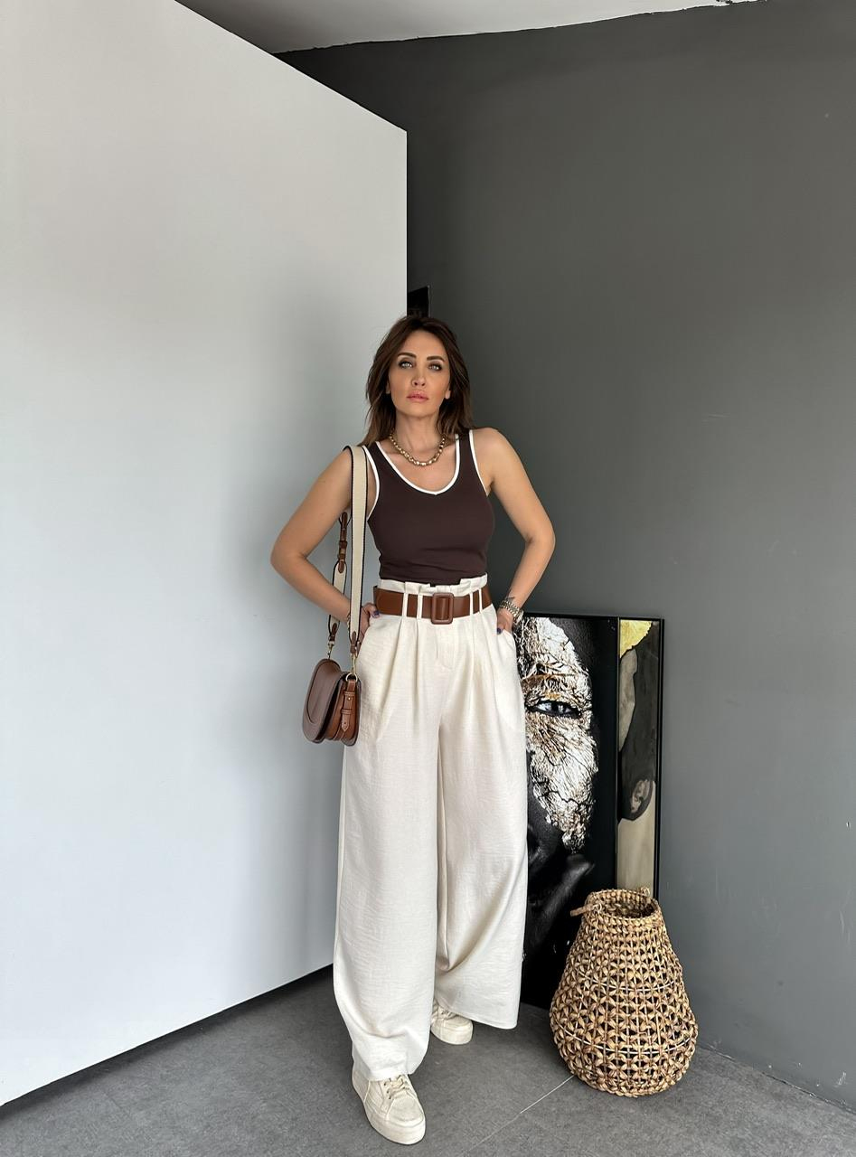 Krem Kemerli Bol Pantolon