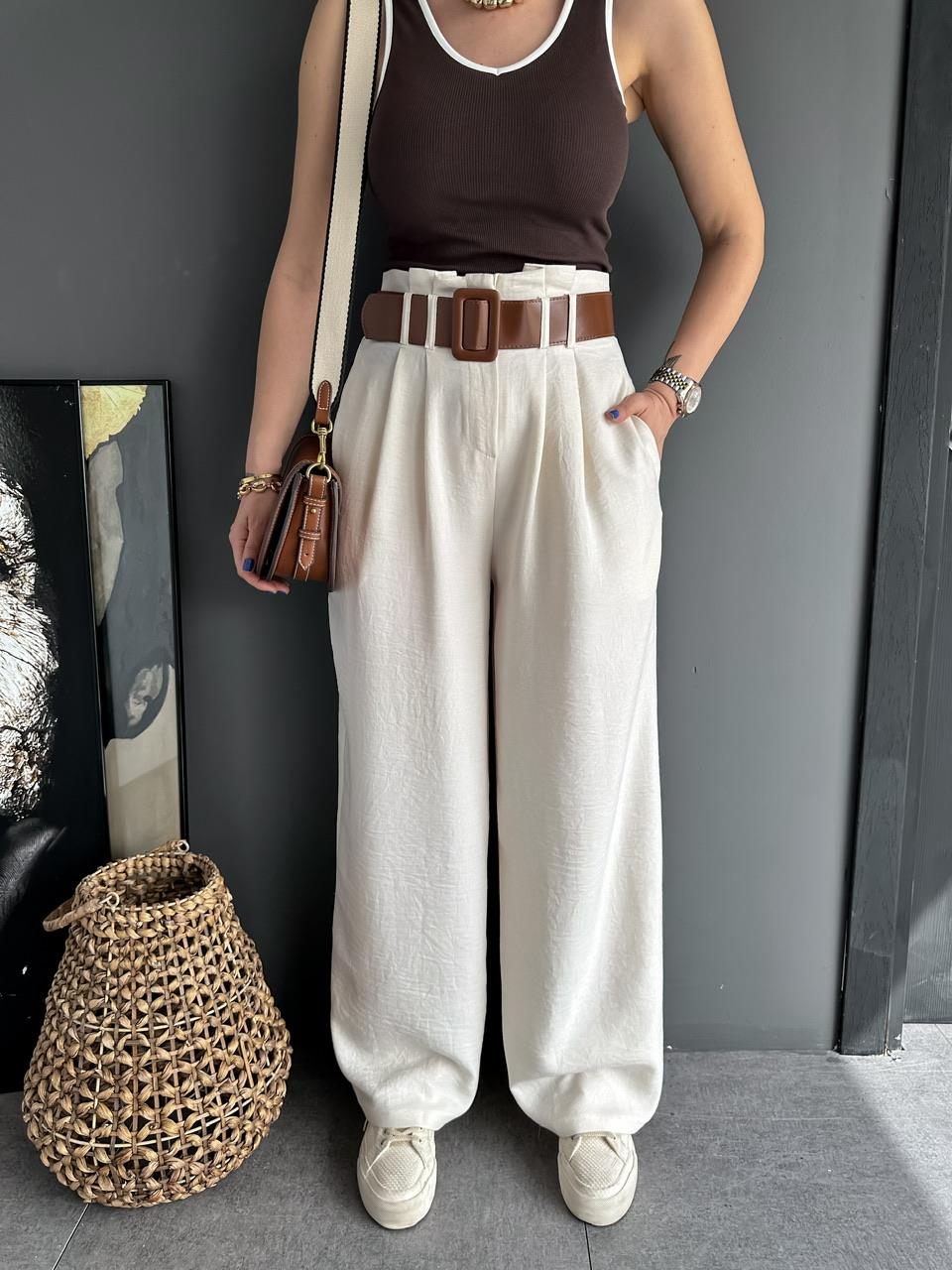 Krem Kemerli Bol Pantolon