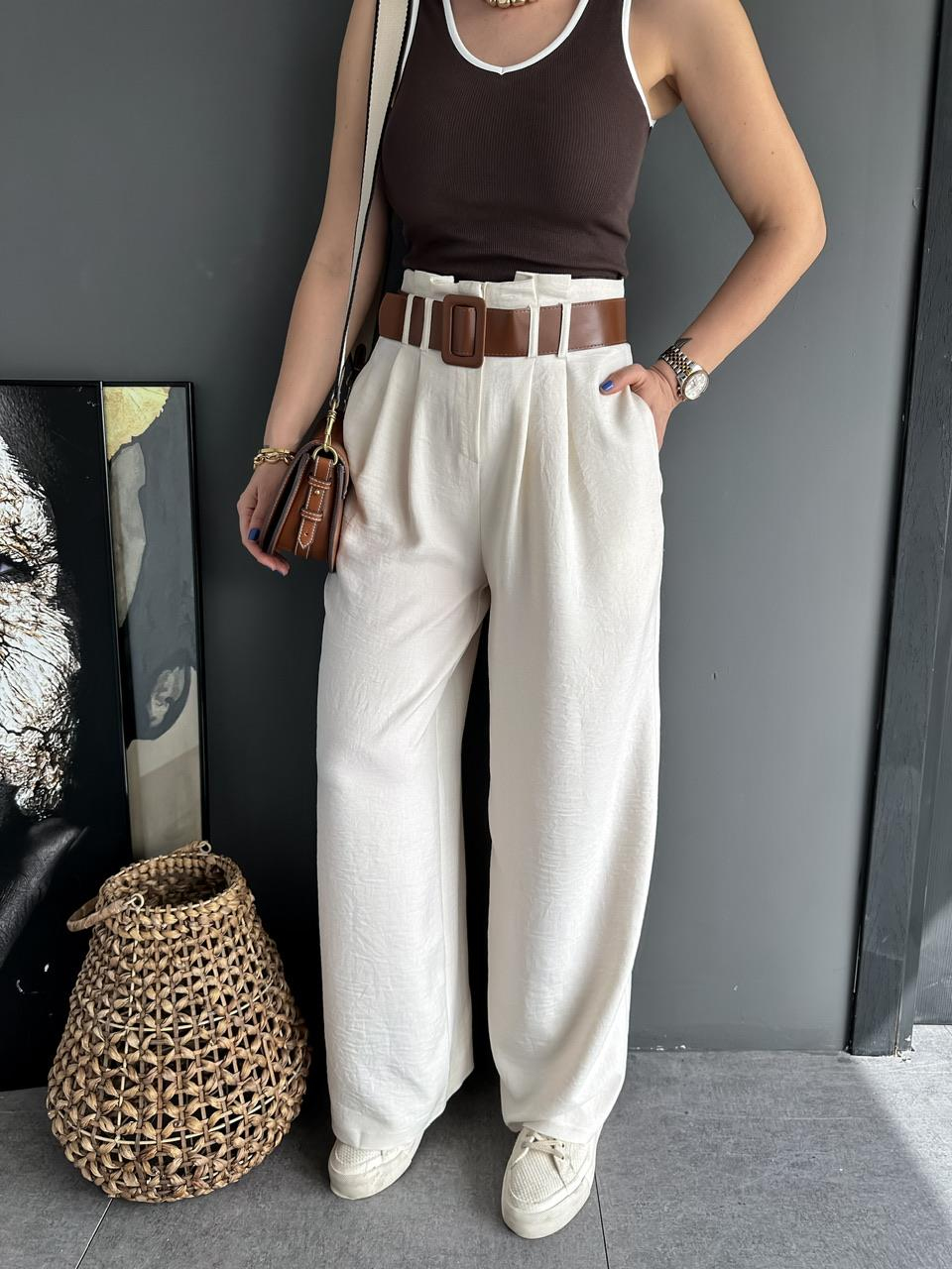 Krem Kemerli Bol Pantolon