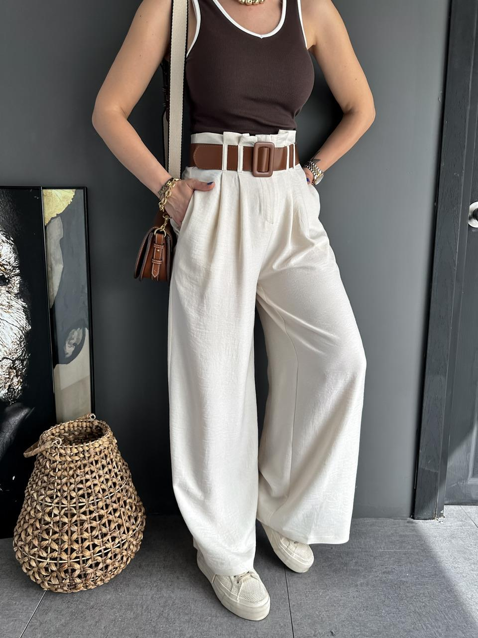 Krem Kemerli Bol Pantolon