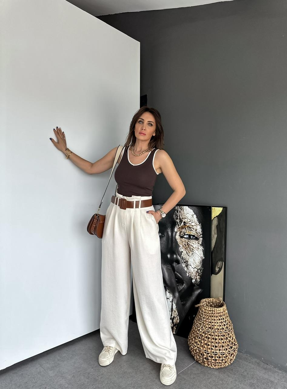 Krem Kemerli Bol Pantolon
