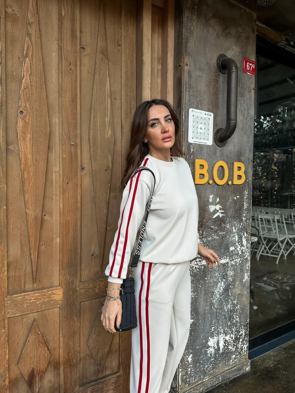 Krem Kırmızı Şeritli Modal Premium Takım