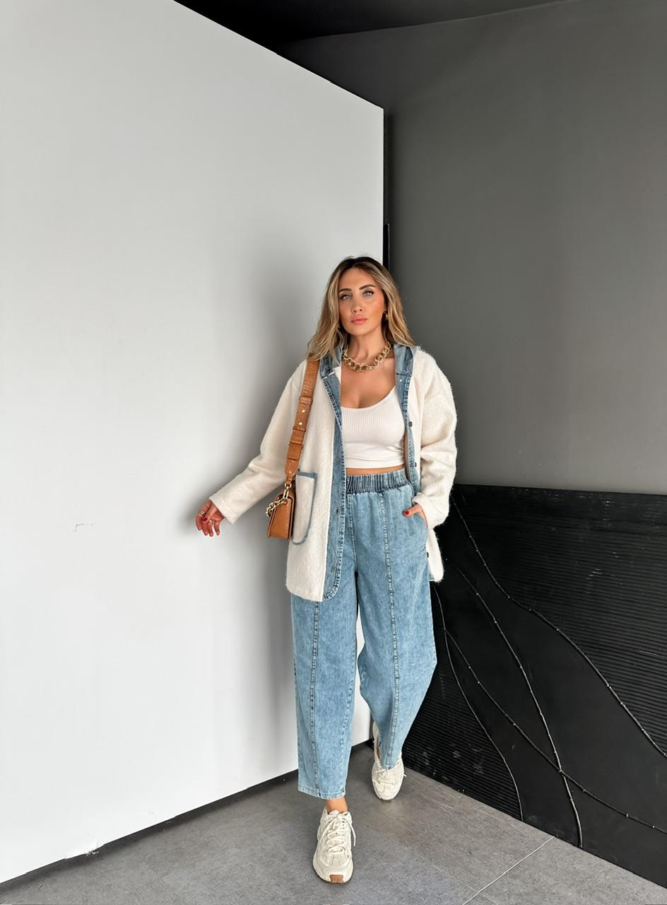 Krem Kot Parçalı Kapşonlu Teddy Mont