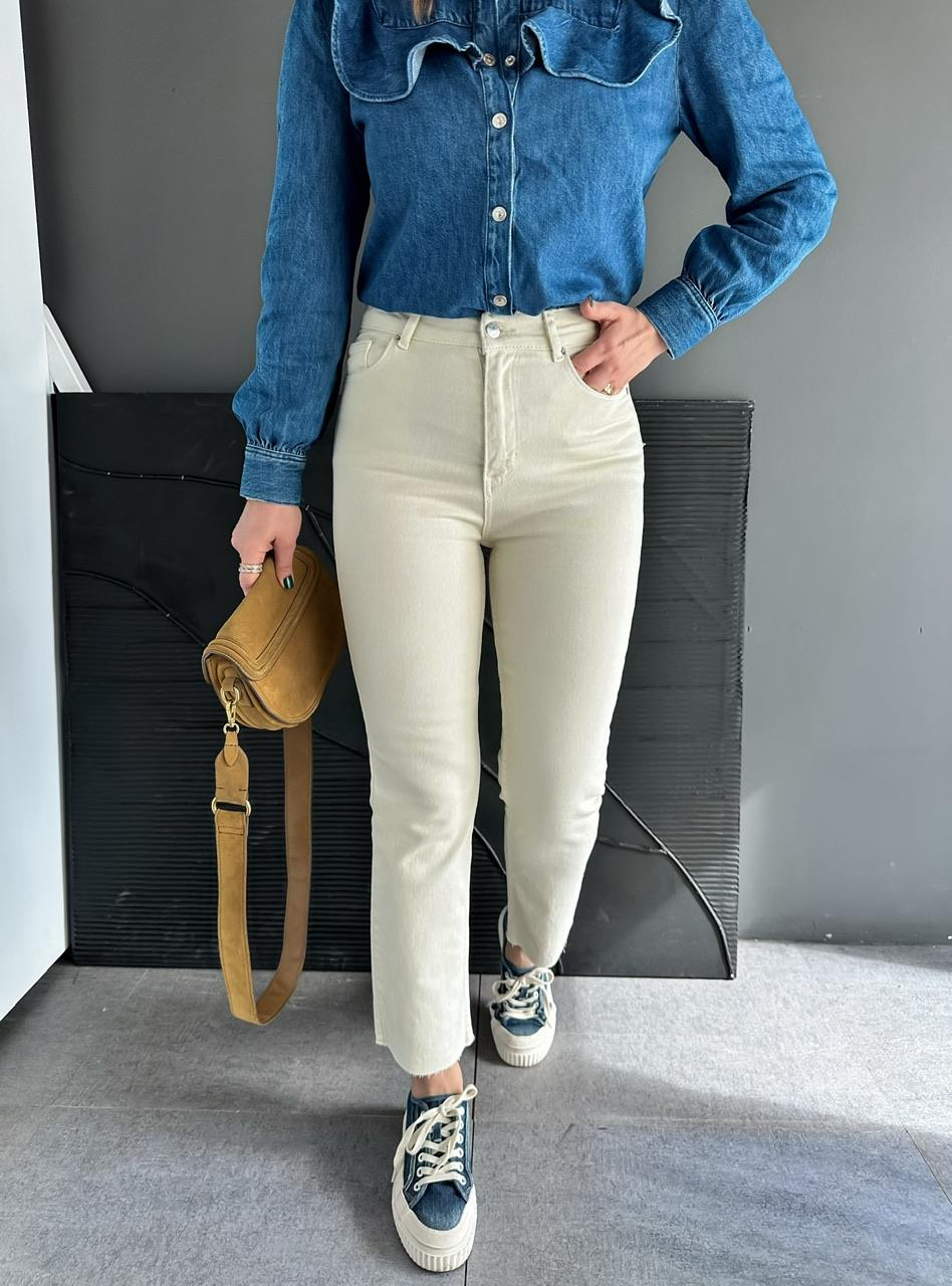 Krem Likralı Orijinal Fit Jean