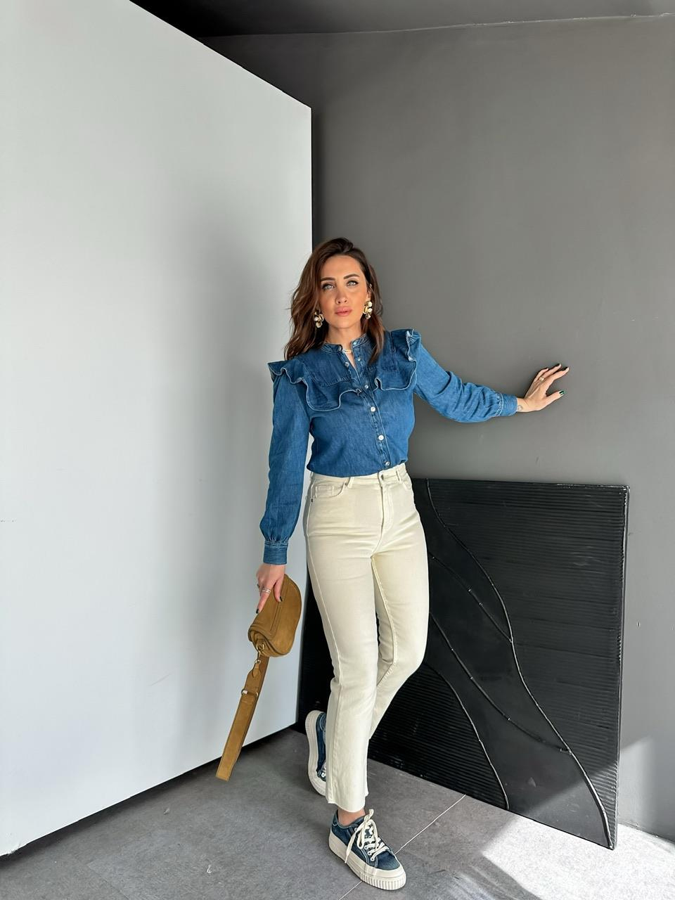 Krem Likralı Orijinal Fit Jean