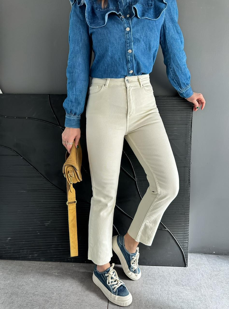 Krem Likralı Orijinal Fit Jean