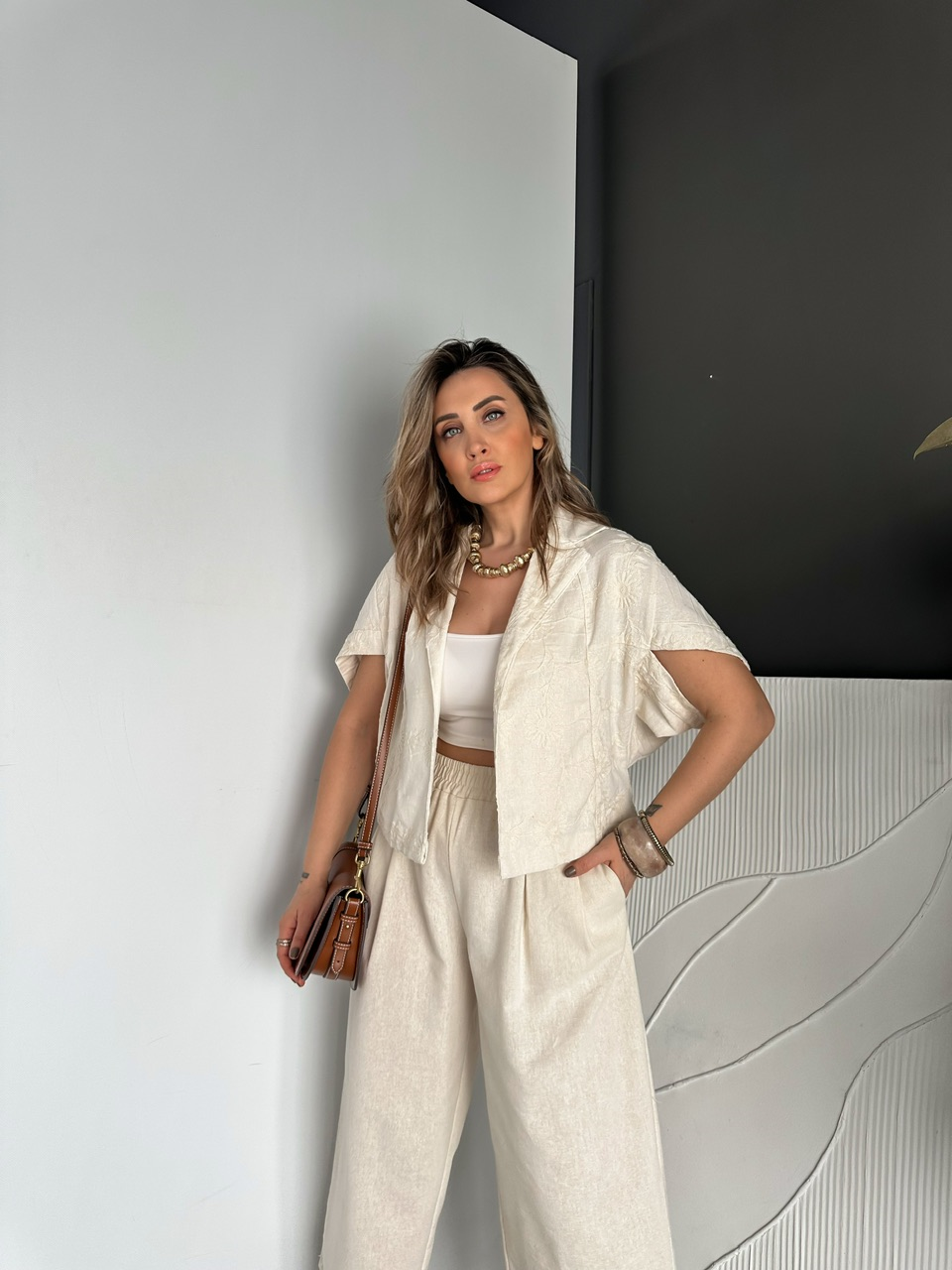 Krem Nakışlı Premium Keten Takım