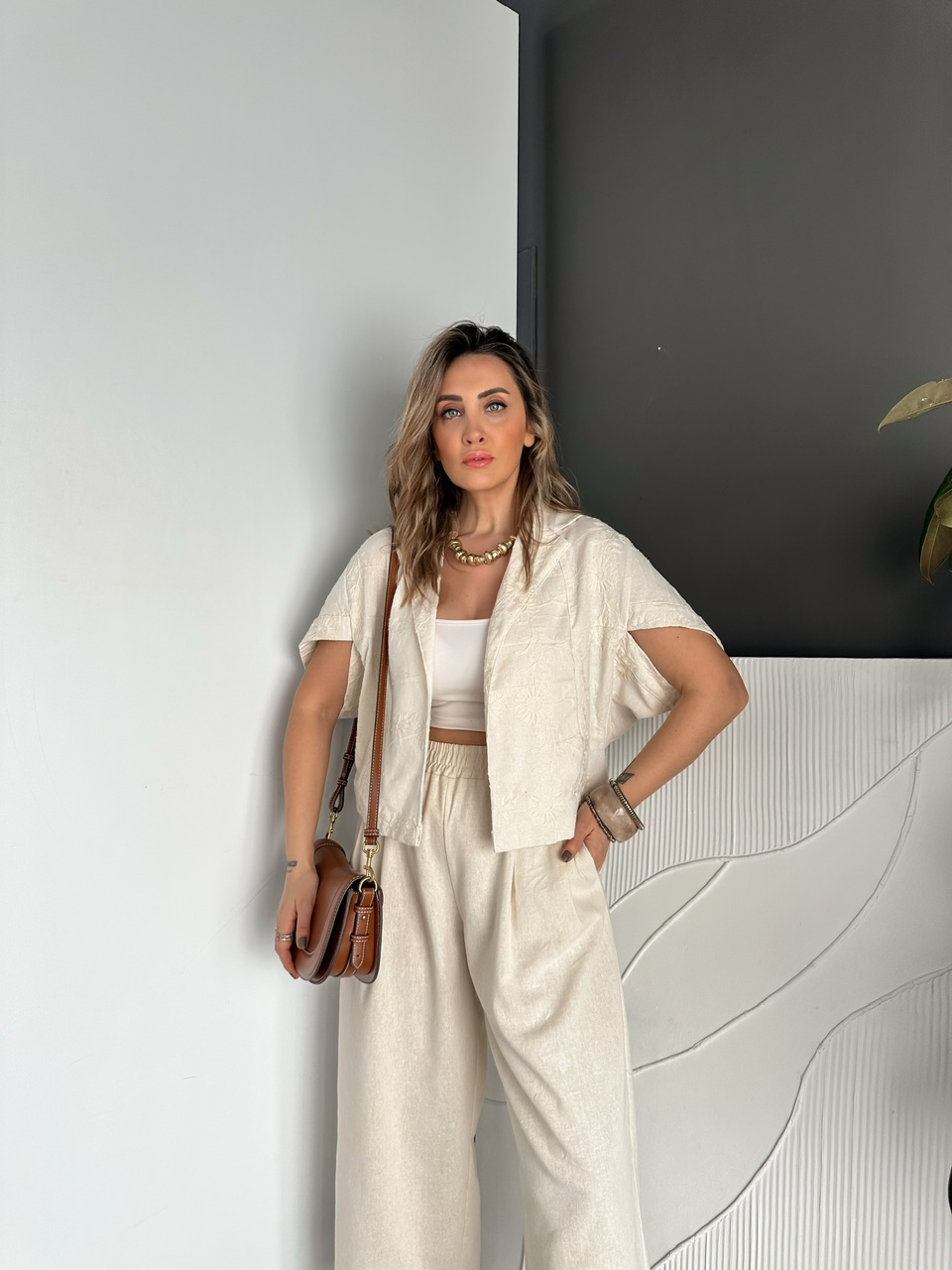 Krem Nakışlı Premium Keten Takım