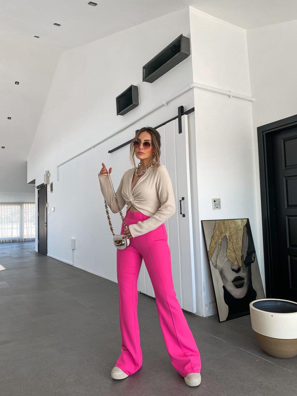 Krem Önden Düğümlü Crop Bluz