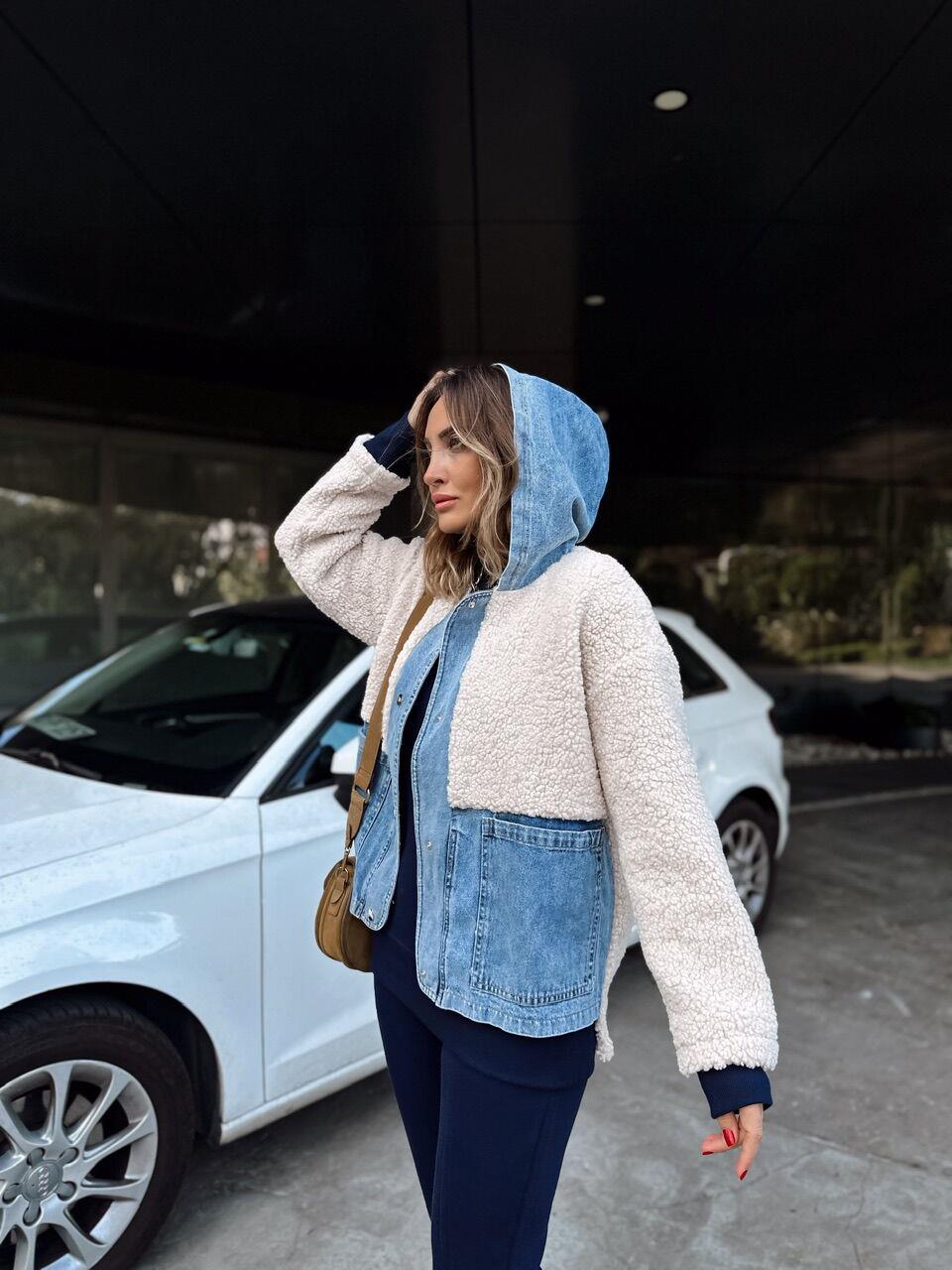 Krem Peluş Kot Detaylı Mont