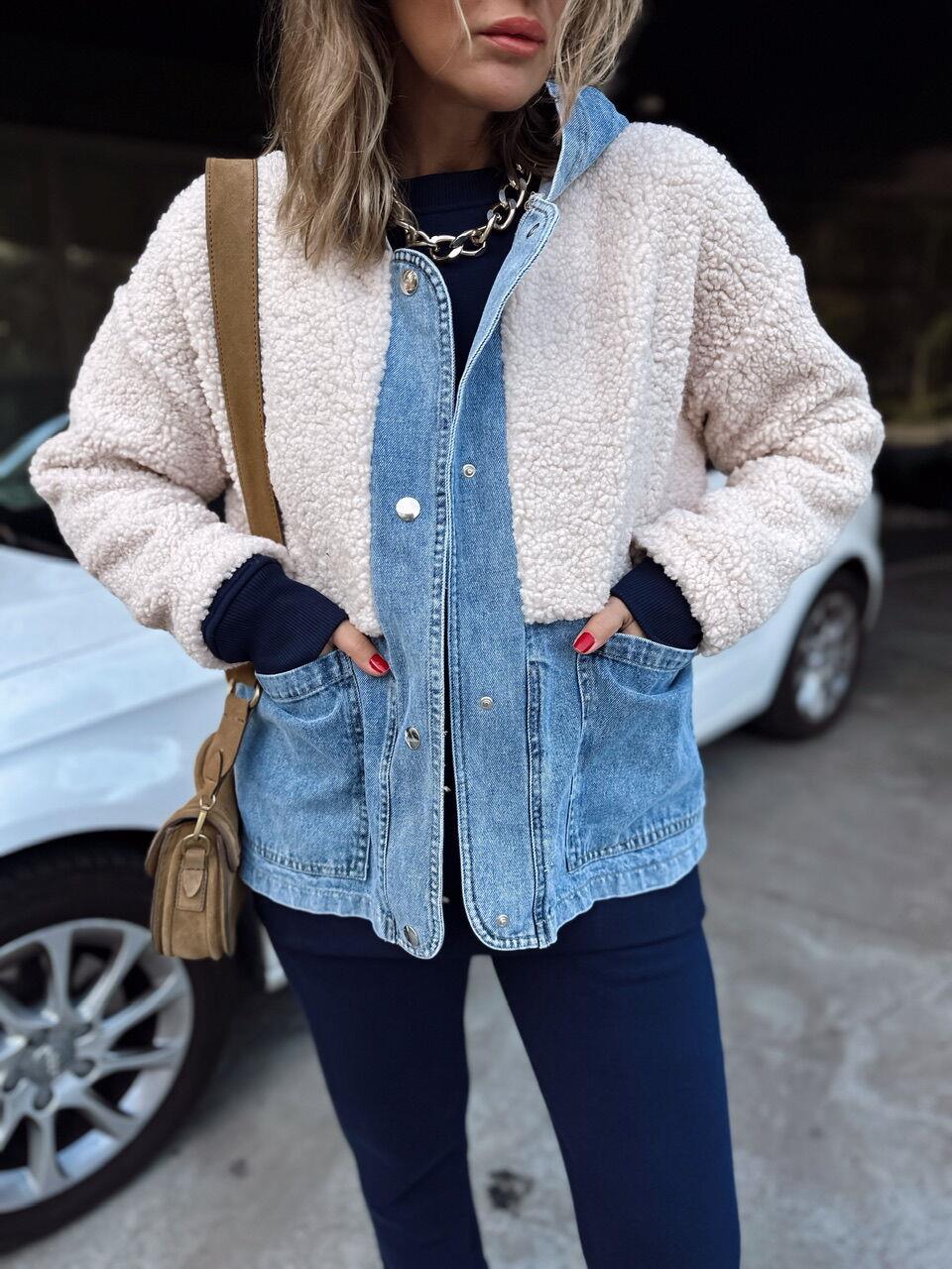 Krem Peluş Kot Detaylı Mont