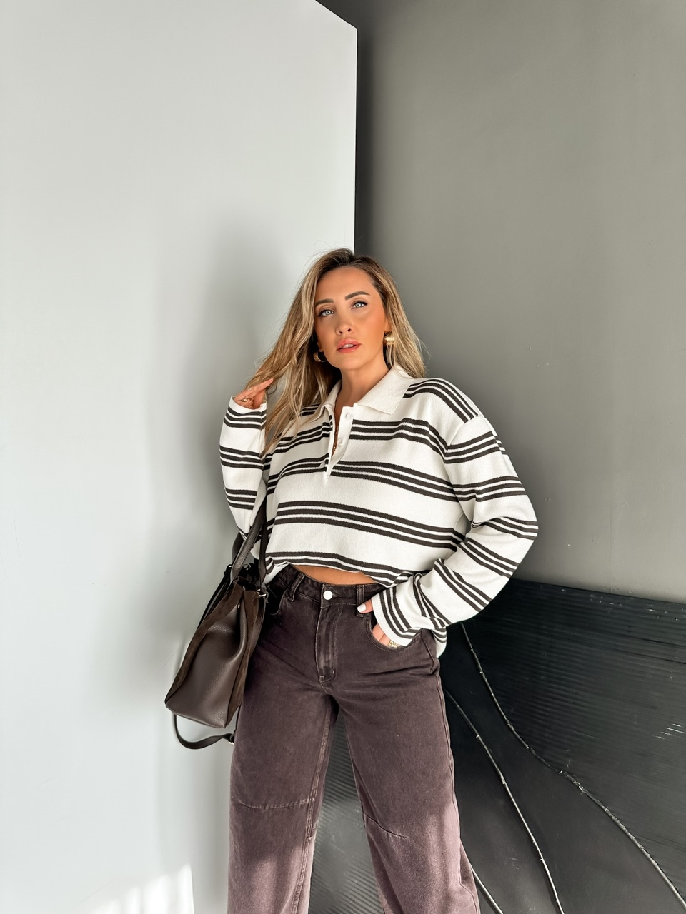 Krem Polo Yaka Düğmeli Oversize Kazak