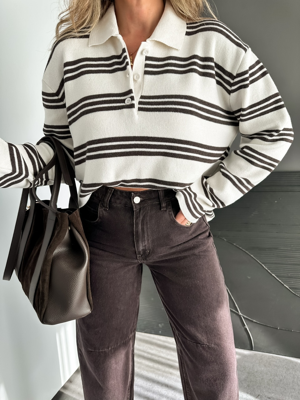 Krem Polo Yaka Düğmeli Oversize Kazak