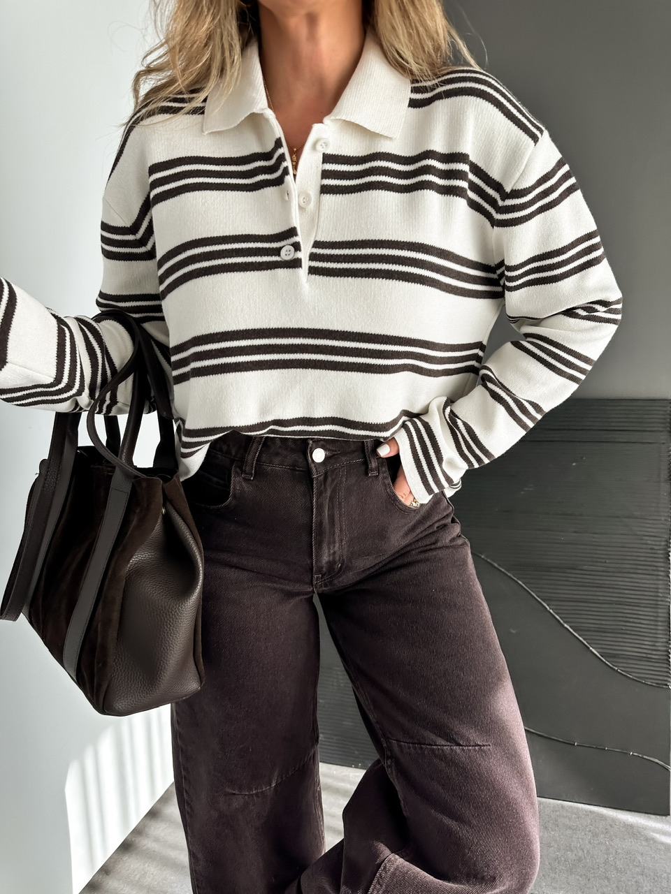 Krem Polo Yaka Düğmeli Oversize Kazak
