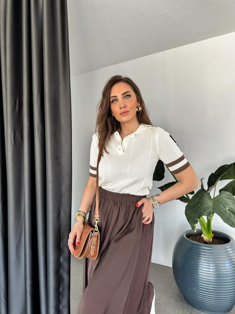 Krem Polo Yaka Şeritli Triko