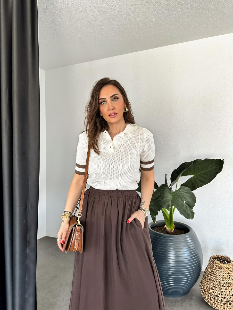 Krem Polo Yaka Şeritli Triko