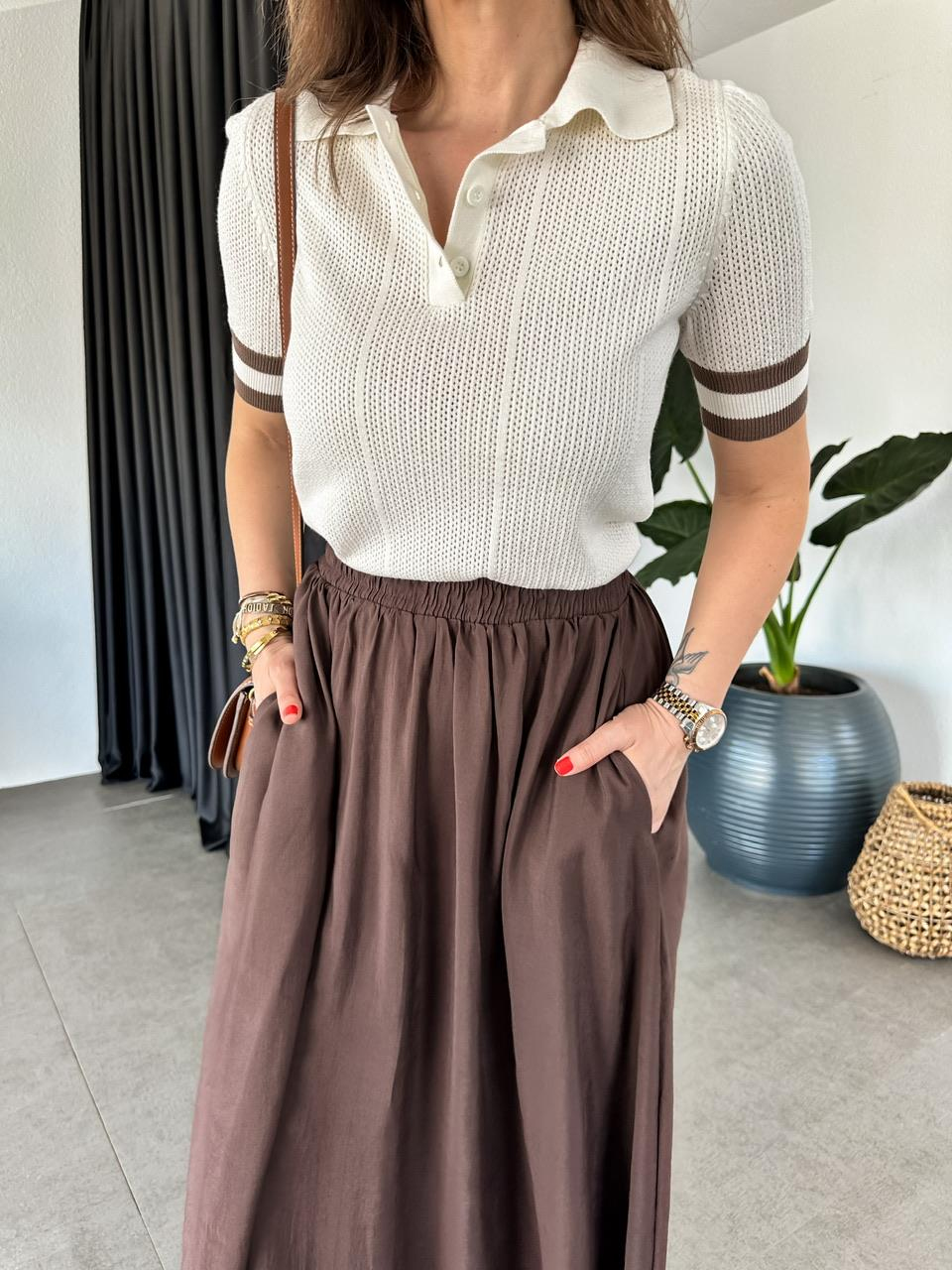 Krem Polo Yaka Şeritli Triko