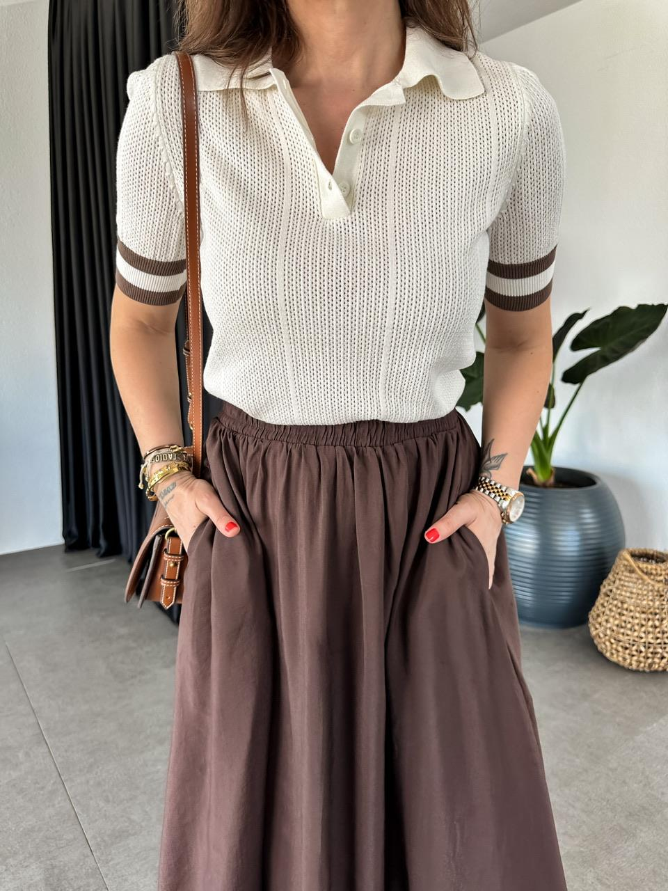 Krem Polo Yaka Şeritli Triko